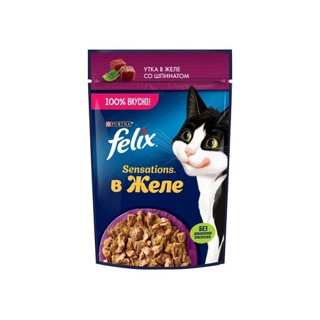 Влажный корм Felix Sensations для кошек, утка/шпинат в желе, 75 г