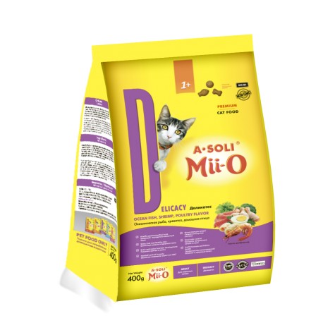 A-Soli Mii-o д/кошек "Деликатес" океан. рыба, креветка, дом. птица 0,4кг
