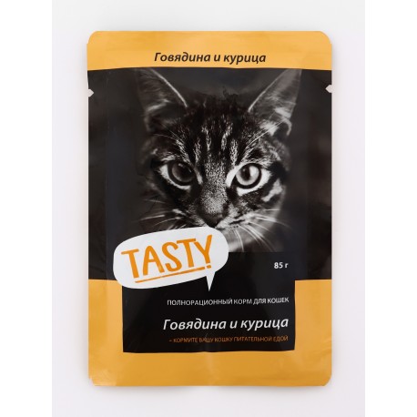 Тasty д/кошек 85г с говядиной и КУРИЦЕЙ в желе, пауч 1/28
