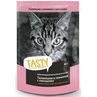 Тasty д/кошек 85г с телятиной, ягненком и овощами в желе, пауч 1/28