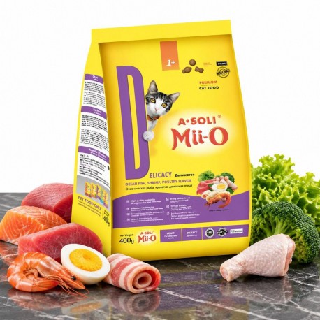A-Soli Mii-o д/кошек "Деликатес" океан. рыба, креветка, дом. птица 0,4кг *45