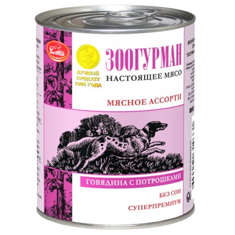 Мясное ассорти д/собак Говядина с рубцом и потрошками ж/б 750гр 1/9